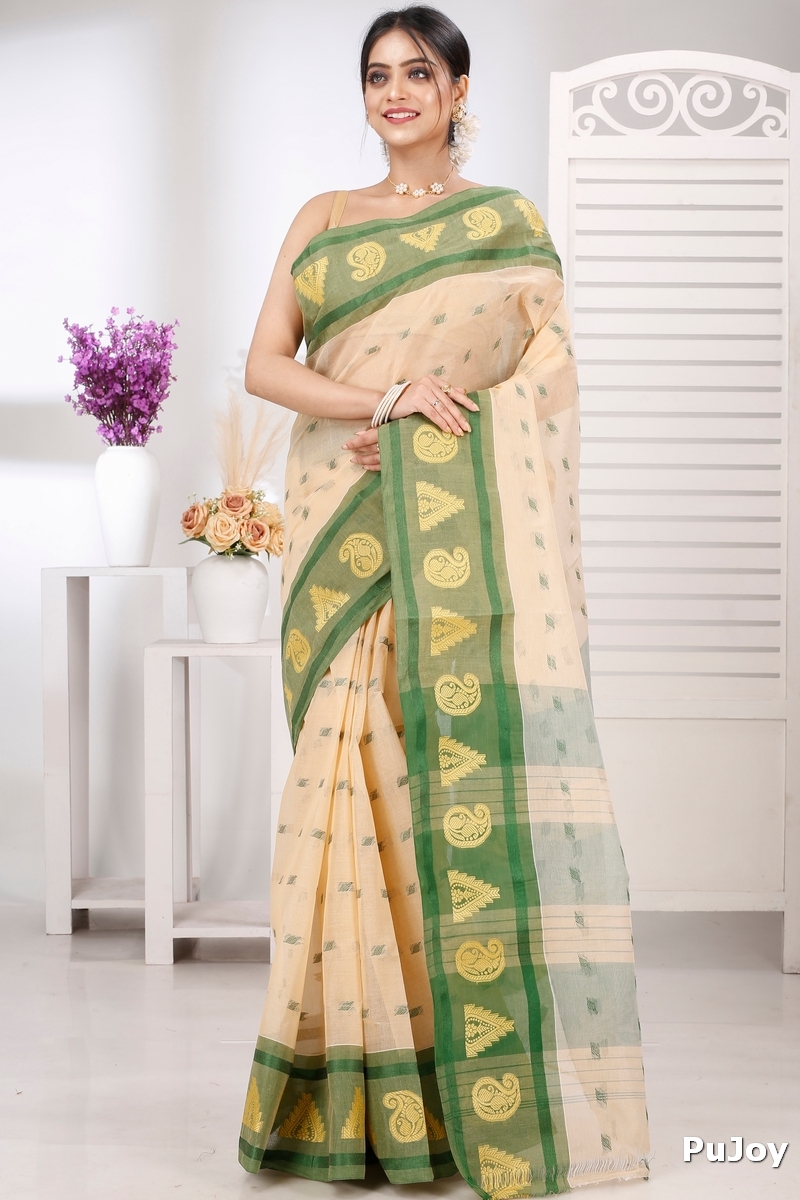 Cream Green Pure Cotton Emma Border Tant Saree (1483)