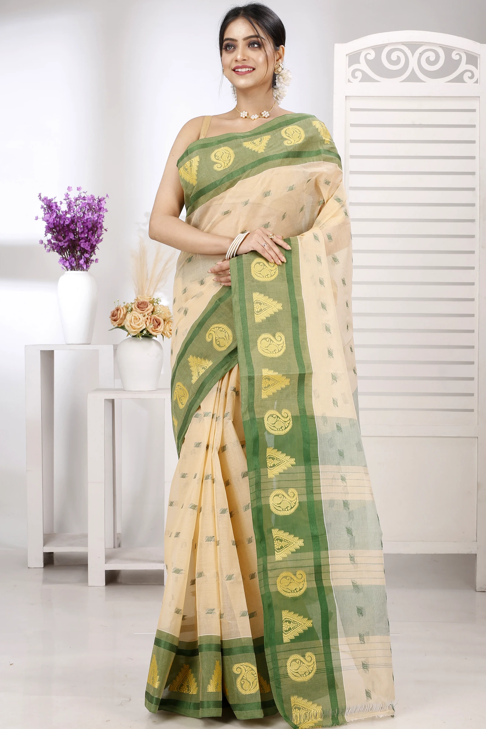 Cream Green Pure Cotton Emma Border Tant Saree (1483)