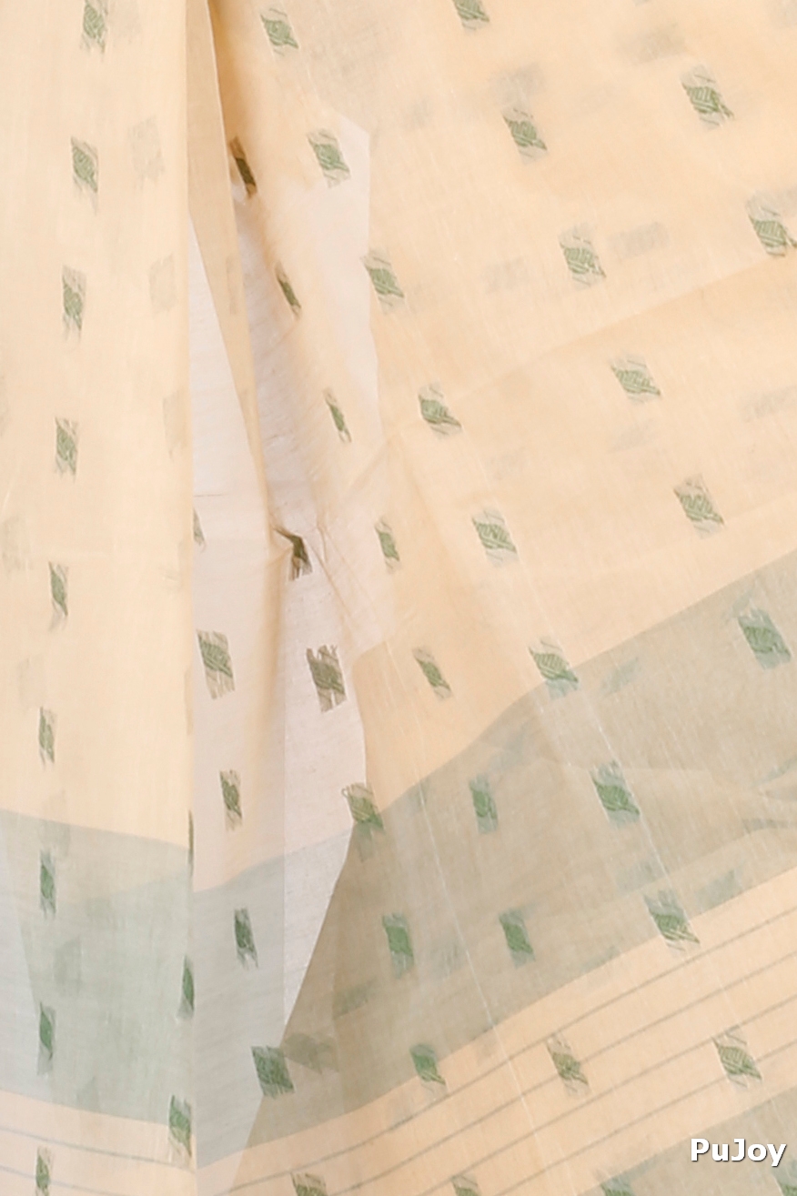 Cream Green Pure Cotton Emma Border Tant Saree (1483)