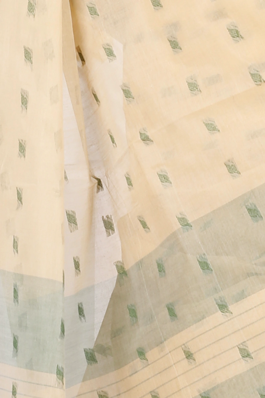 Cream Green Pure Cotton Emma Border Tant Saree (1483)