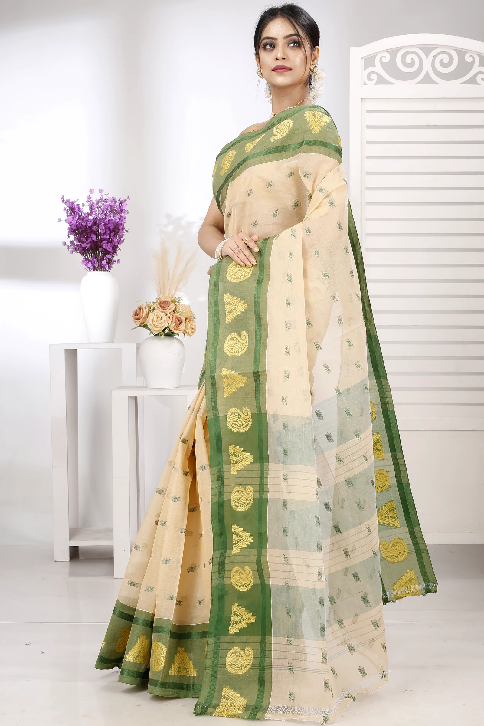 Cream Green Pure Cotton Emma Border Tant Saree (1483)