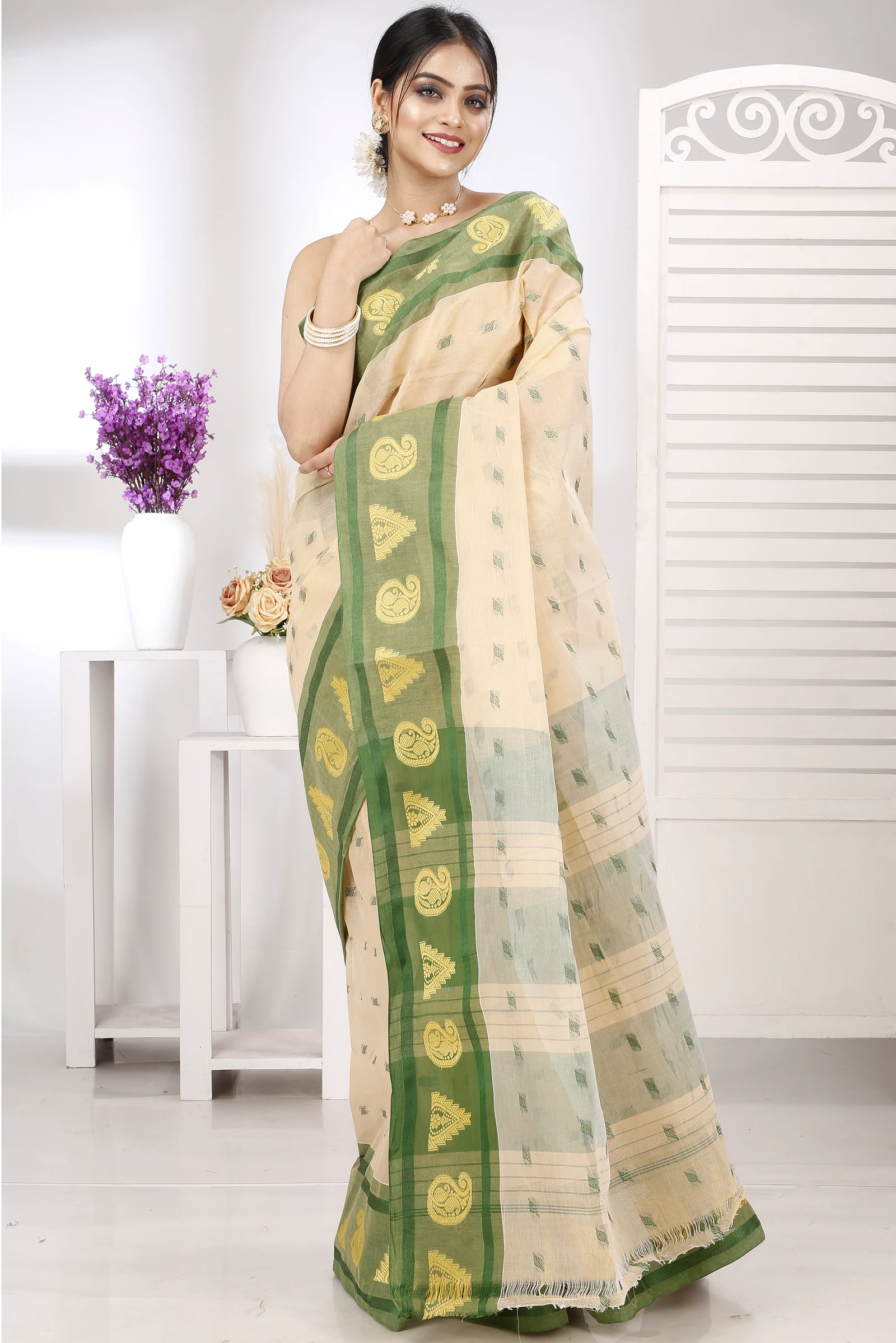 Cream Green Pure Cotton Emma Border Tant Saree (1483)