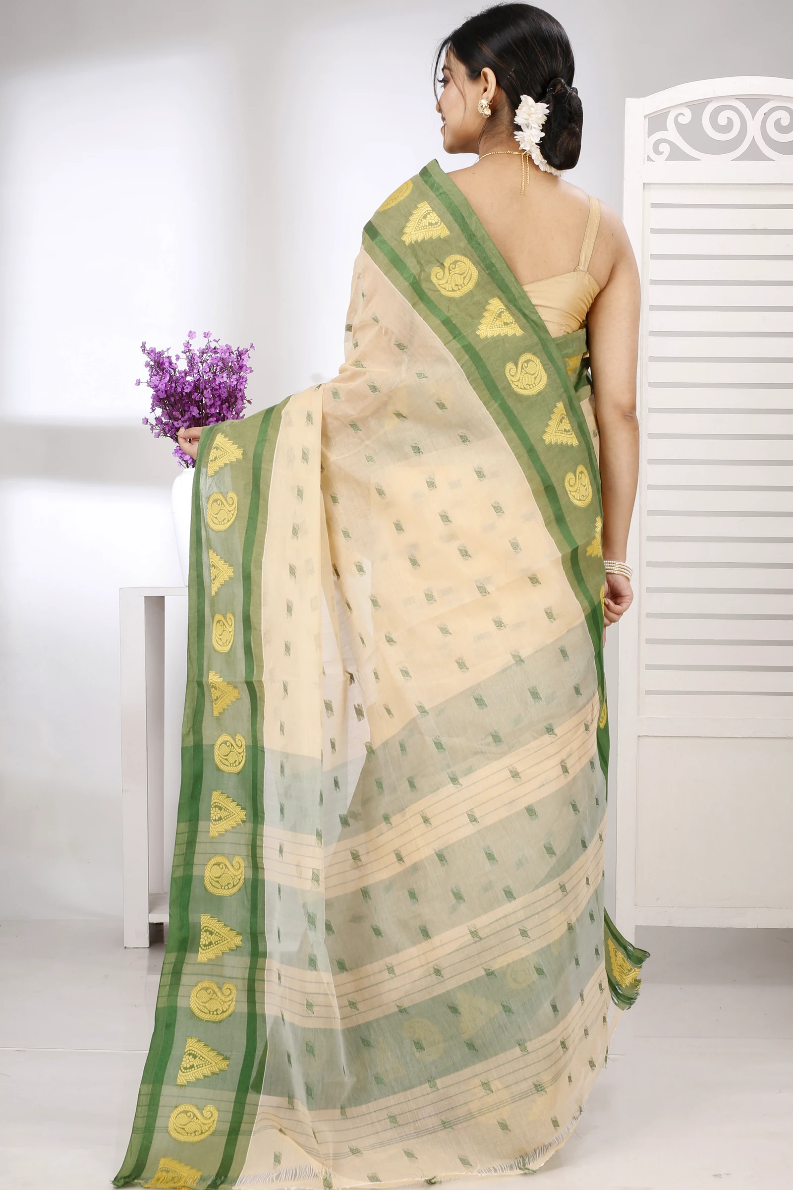 Cream Green Pure Cotton Emma Border Tant Saree (1483)