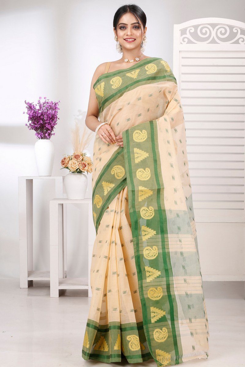 Cream Green Pure Cotton Emma Border Tant Saree (1483)