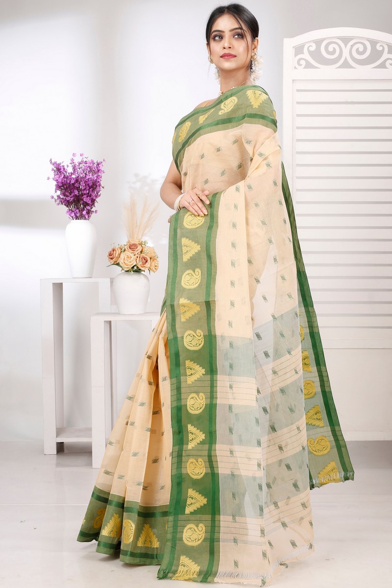 Cream Green Pure Cotton Emma Border Tant Saree (1483)