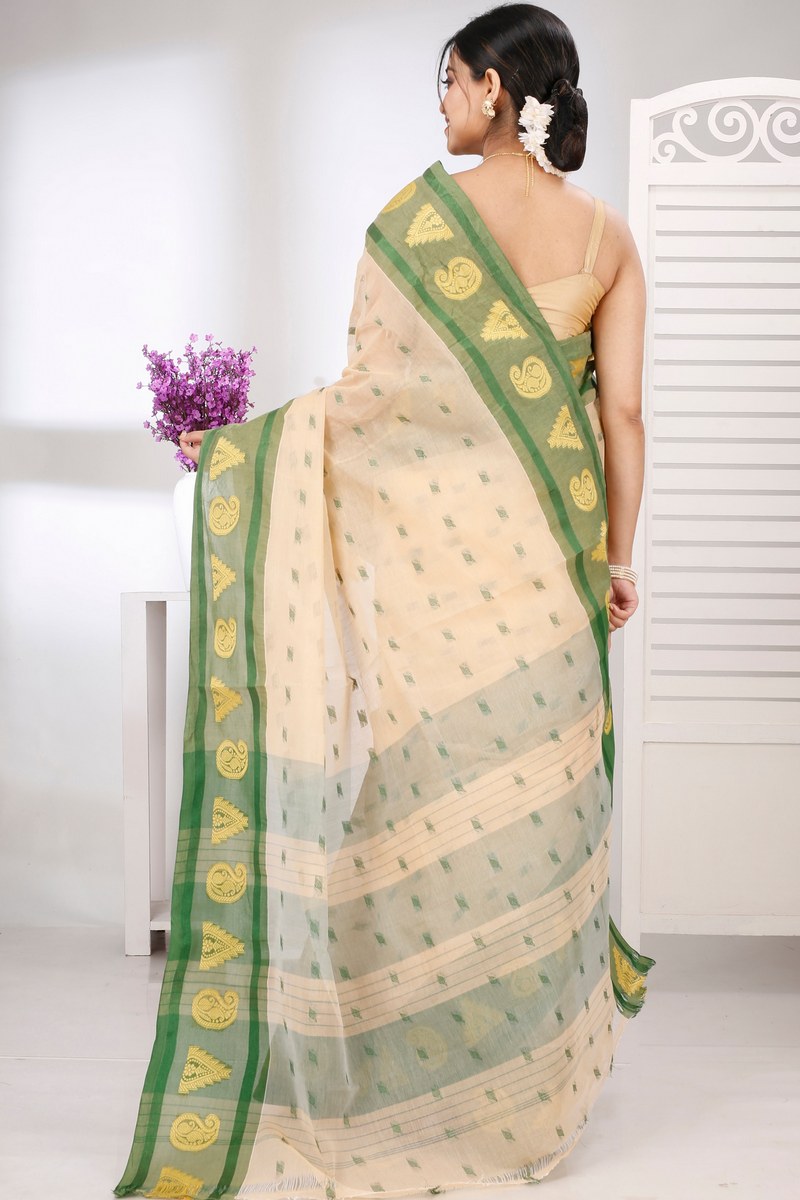 Cream Green Pure Cotton Emma Border Tant Saree (1483)