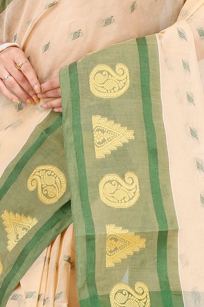 Cream Green Pure Cotton Emma Border Tant Saree (1483)