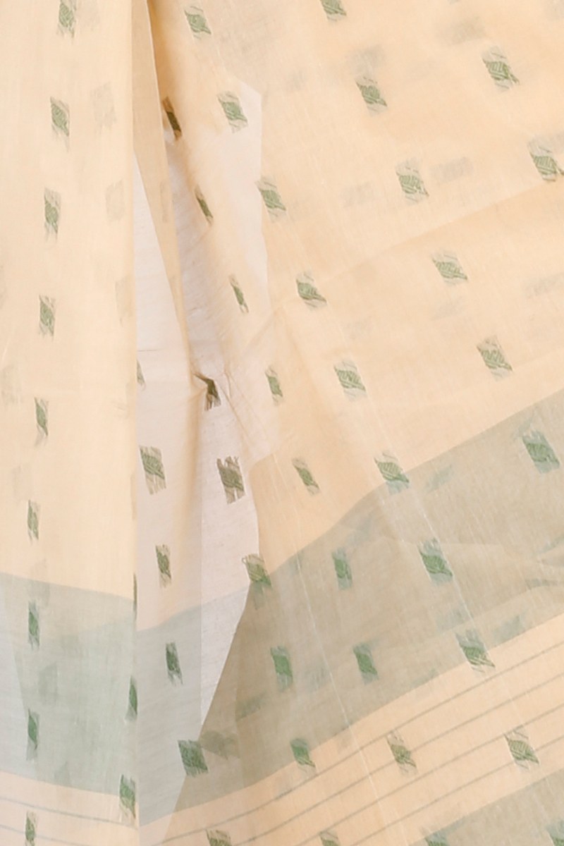 Cream Green Pure Cotton Emma Border Tant Saree (1483)