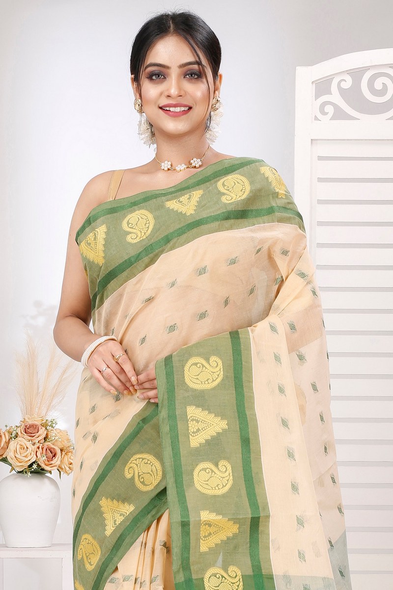 Cream Green Pure Cotton Emma Border Tant Saree (1483)