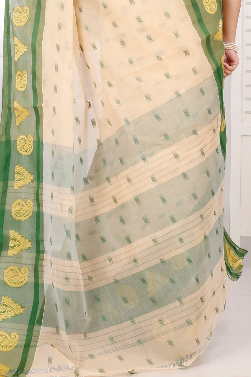 Cream Green Pure Cotton Emma Border Tant Saree (1483)