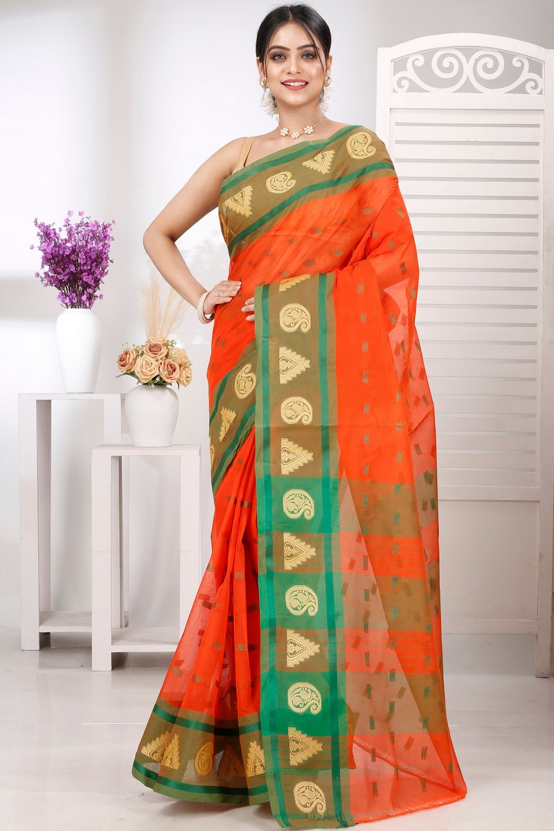 Orange Pure Cotton Emma Border Tant Saree (1484)
