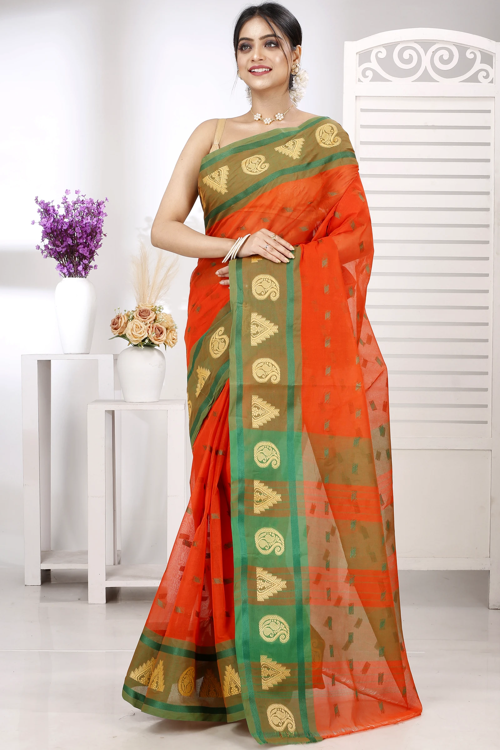 Orange Pure Cotton Emma Border Tant Saree (1484)