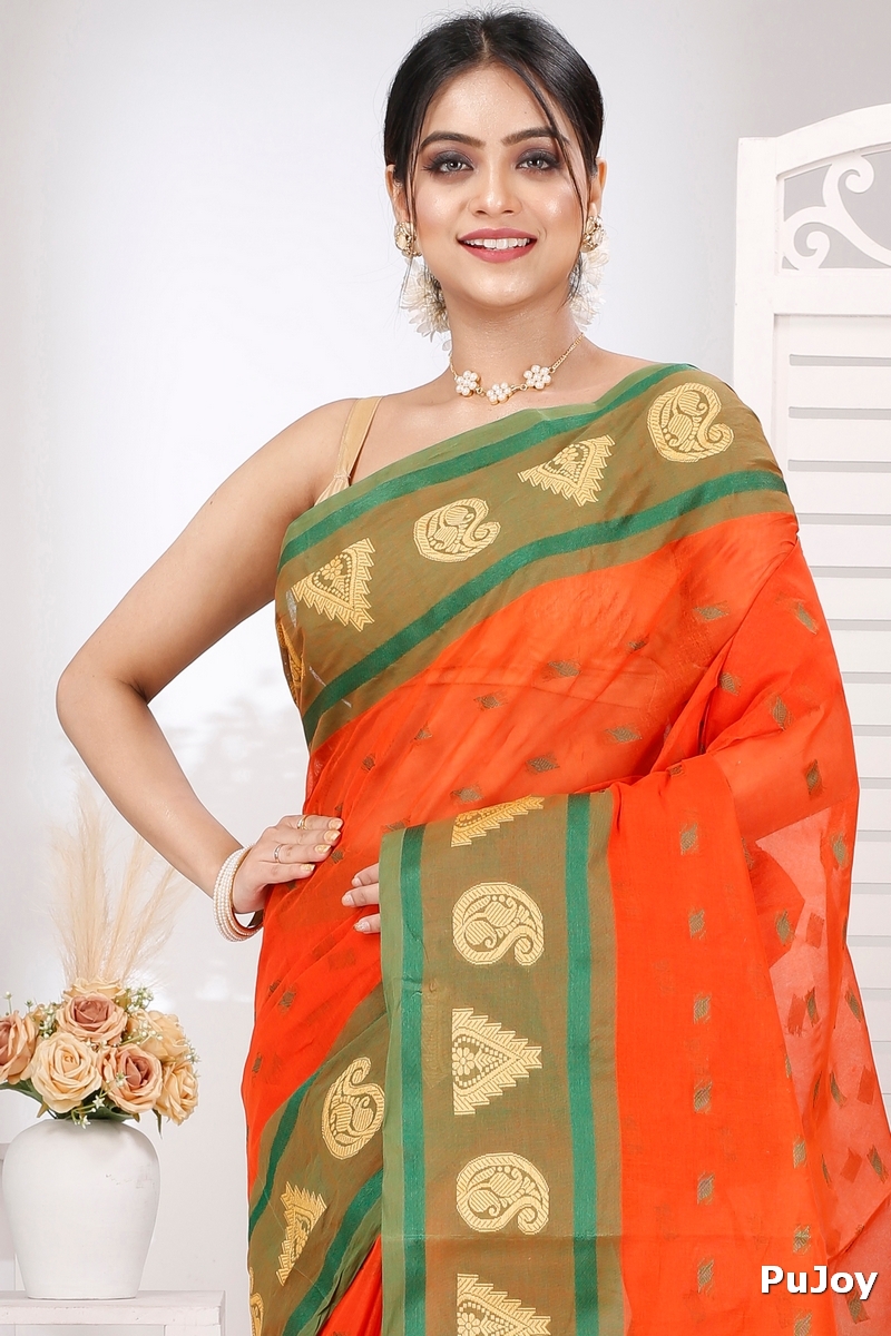 Orange Pure Cotton Emma Border Tant Saree (1484)