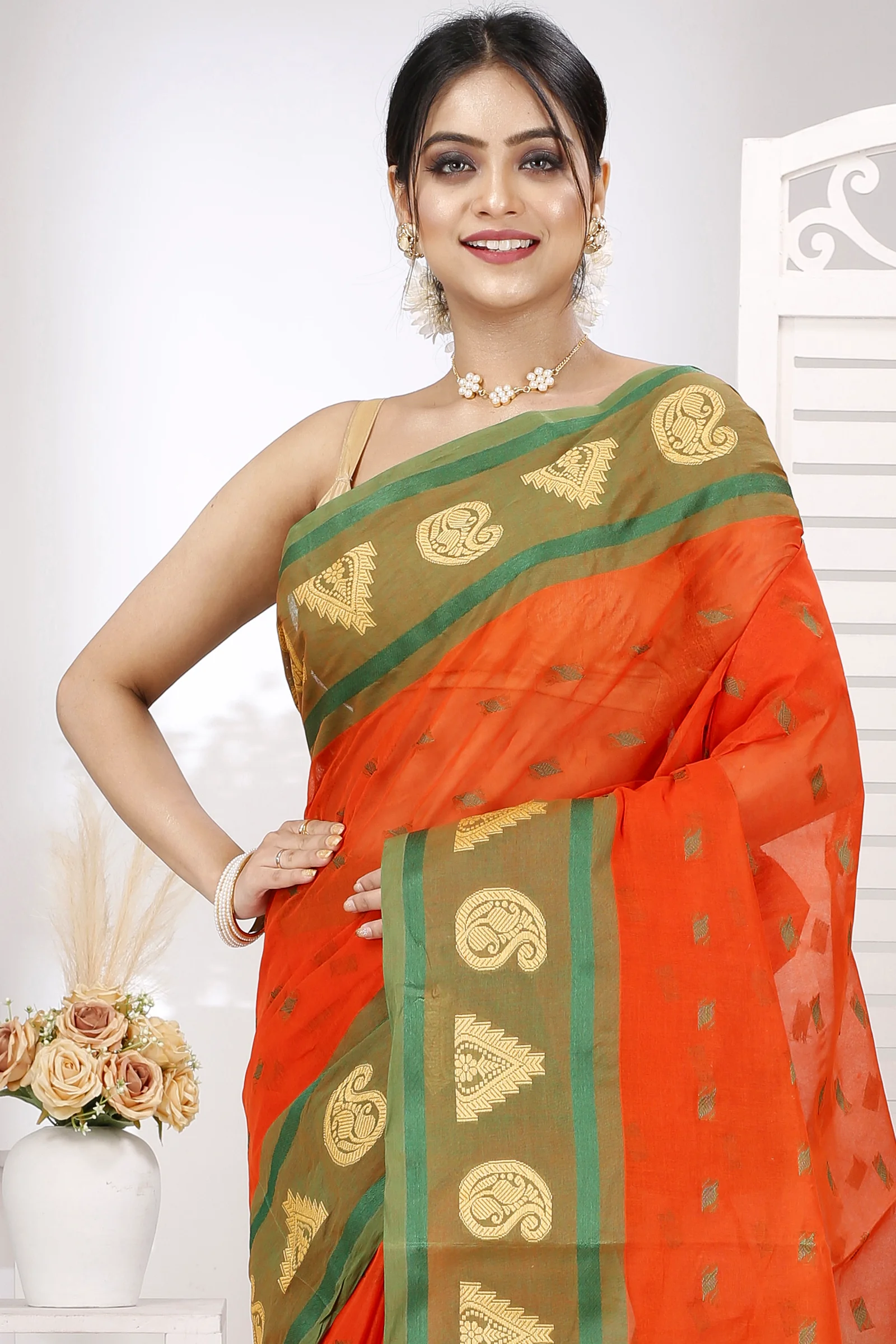 Orange Pure Cotton Emma Border Tant Saree (1484)