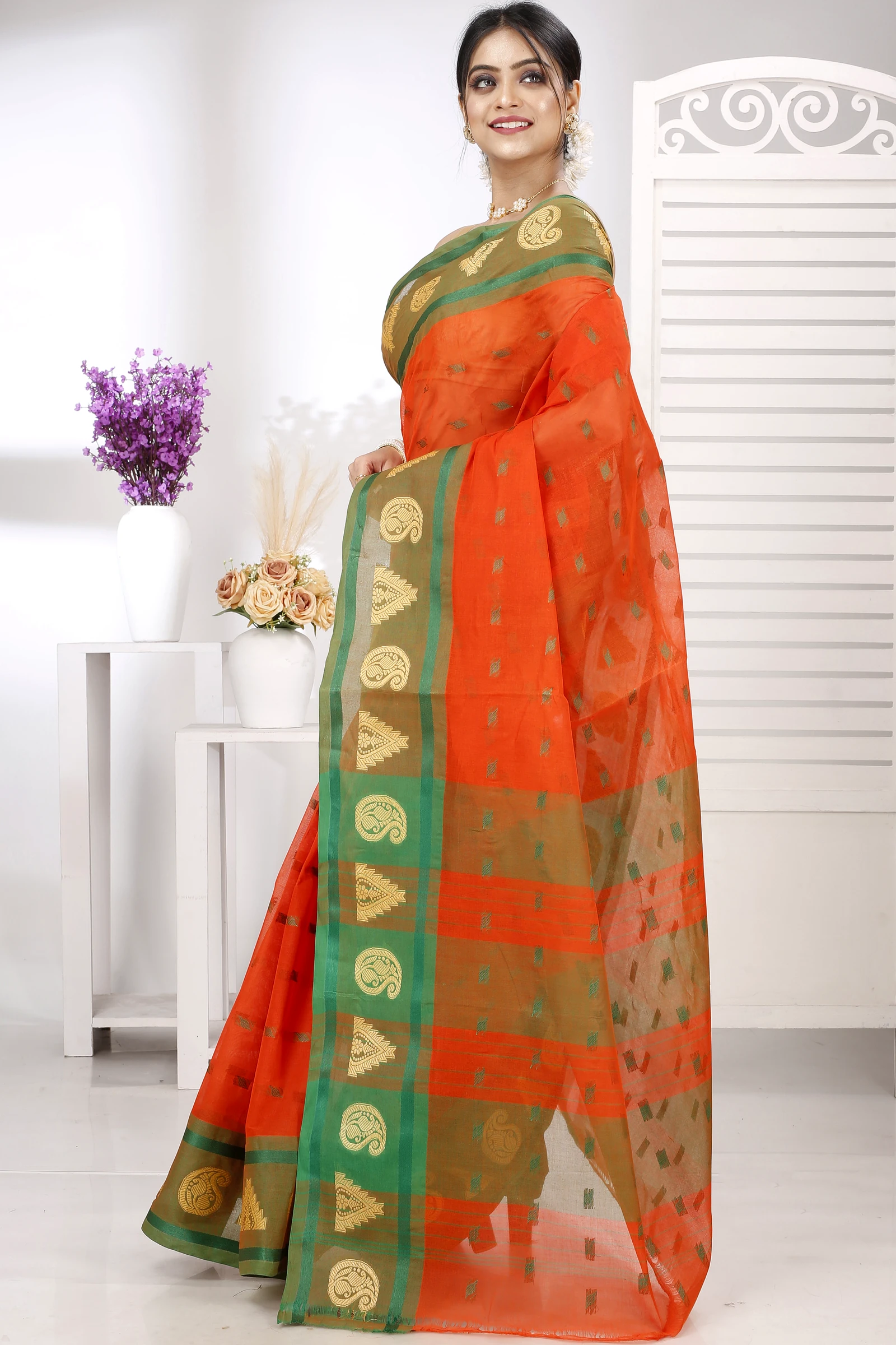Orange Pure Cotton Emma Border Tant Saree (1484)