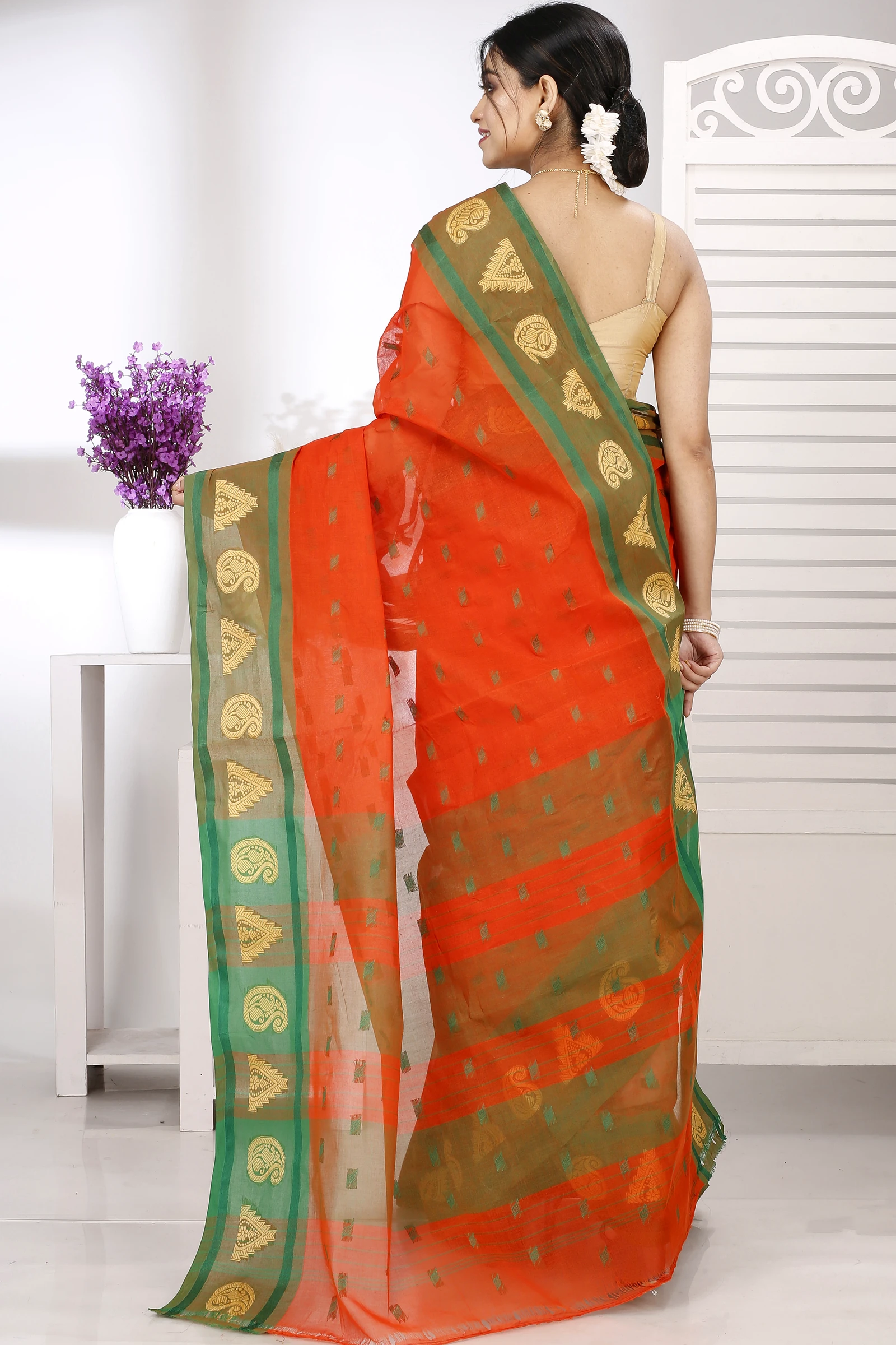 Orange Pure Cotton Emma Border Tant Saree (1484)