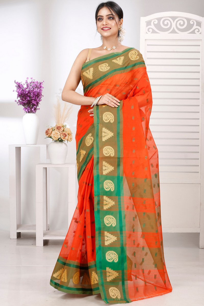 Orange Pure Cotton Emma Border Tant Saree (1484)