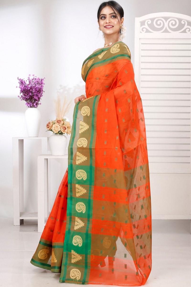 Orange Pure Cotton Emma Border Tant Saree (1484)