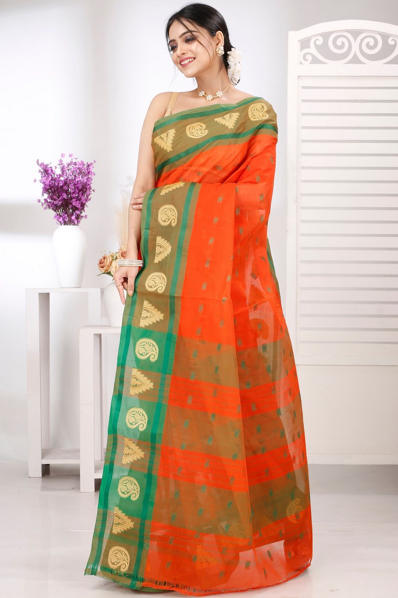 Orange Pure Cotton Emma Border Tant Saree (1484)