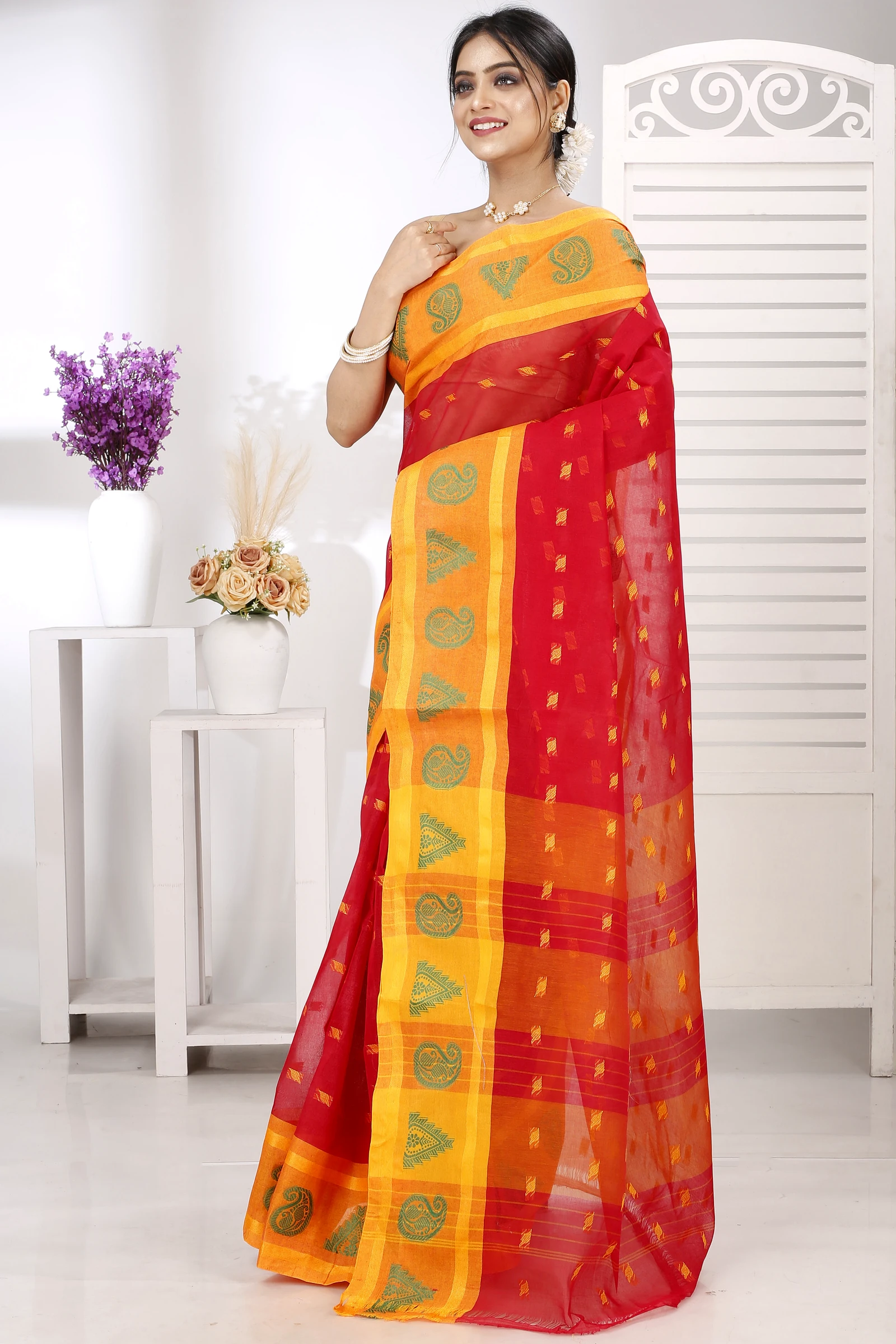 Red Pure Cotton Emma Border Tant Saree (1485)