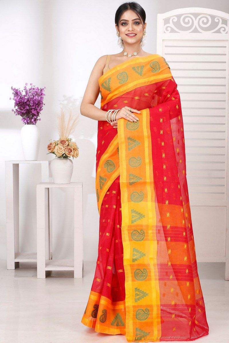 Red Pure Cotton Emma Border Tant Saree (1485)