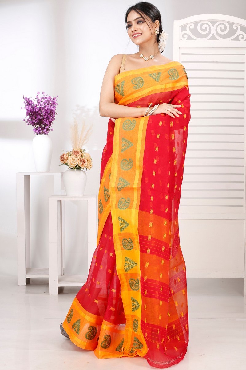 Red Pure Cotton Emma Border Tant Saree (1485)