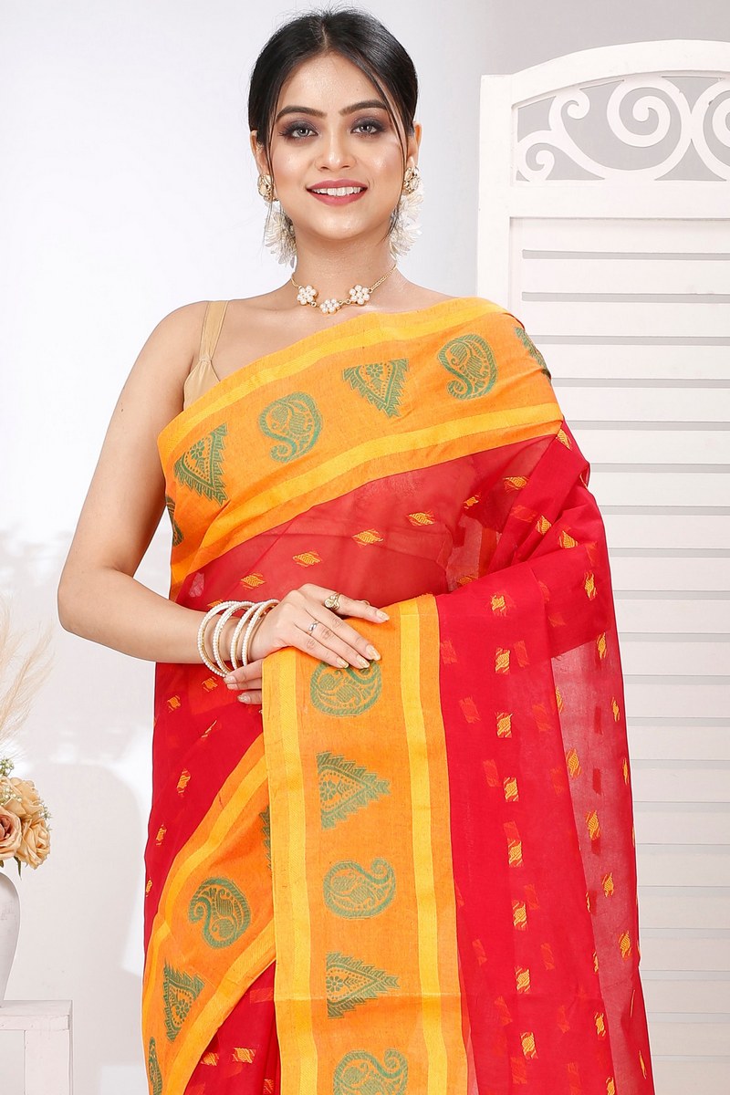 Red Pure Cotton Emma Border Tant Saree (1485)