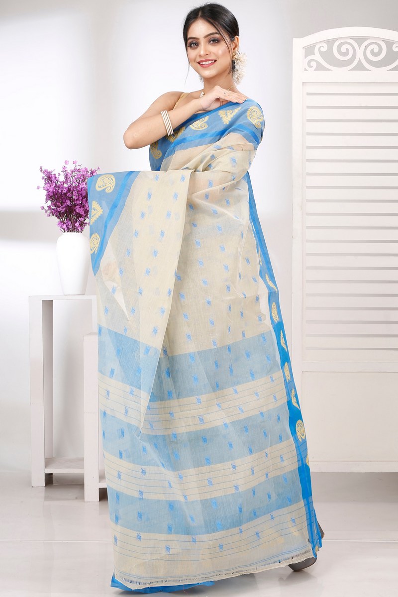 Off-White Pure Cotton Emma Border Tant Saree (1486)