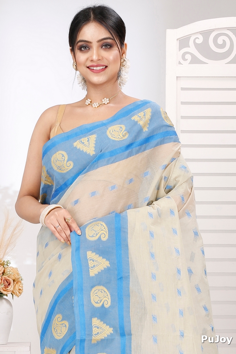 Off-White Pure Cotton Emma Border Tant Saree (1486)