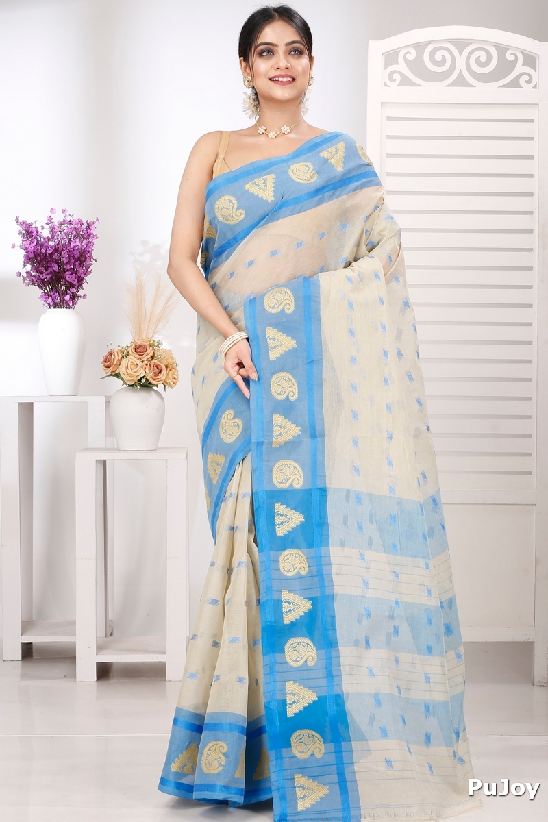 Off-White Pure Cotton Emma Border Tant Saree (1486)