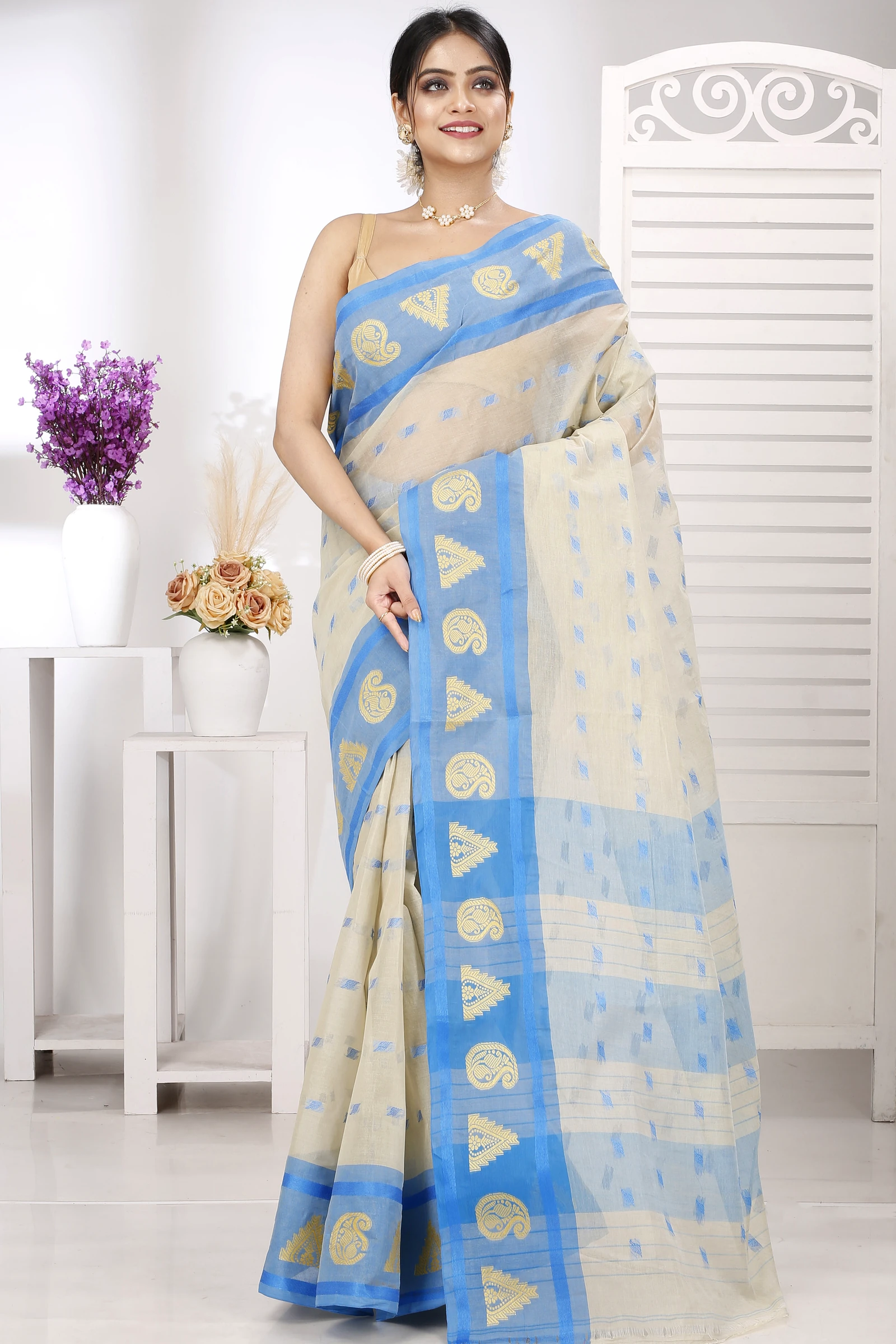 Off-White Pure Cotton Emma Border Tant Saree (1486)