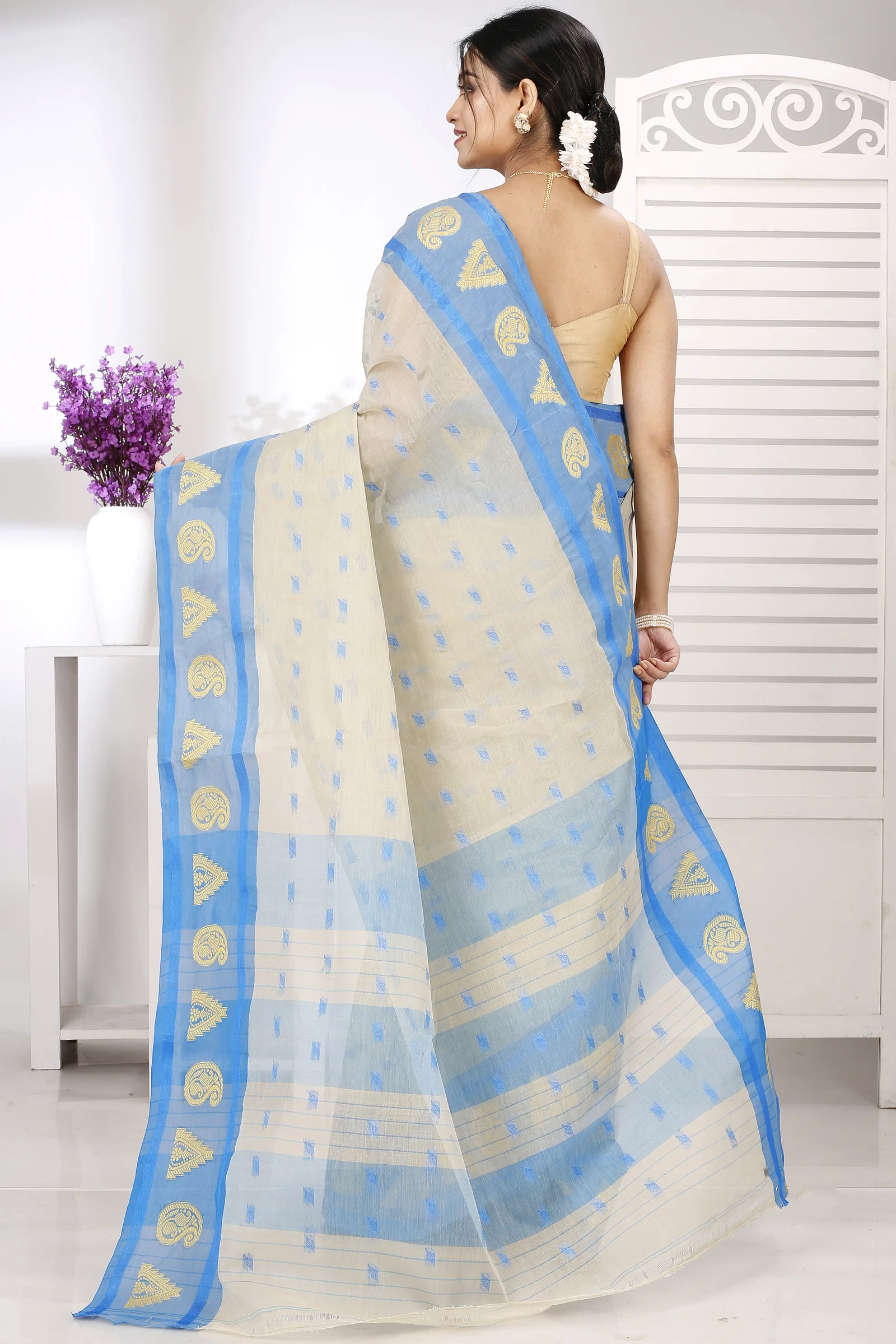 Off-White Pure Cotton Emma Border Tant Saree (1486)