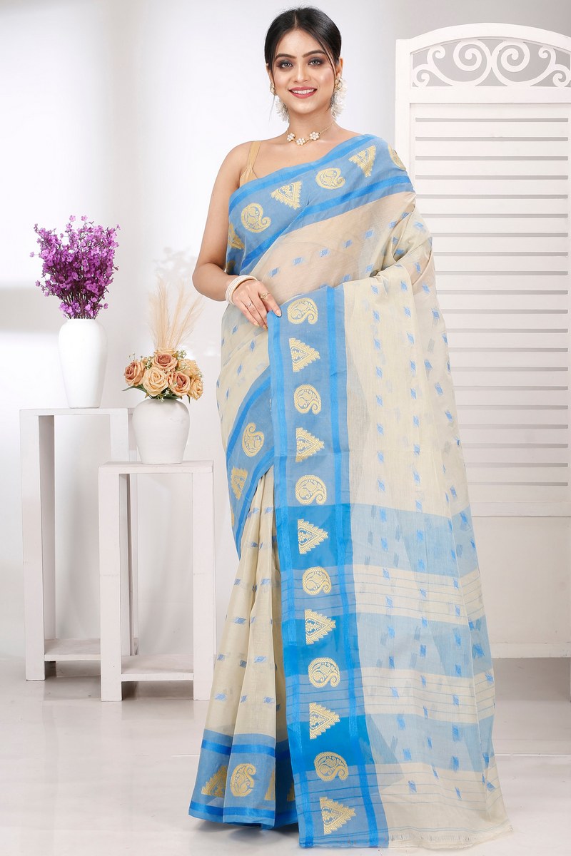 Off-White Pure Cotton Emma Border Tant Saree (1486)