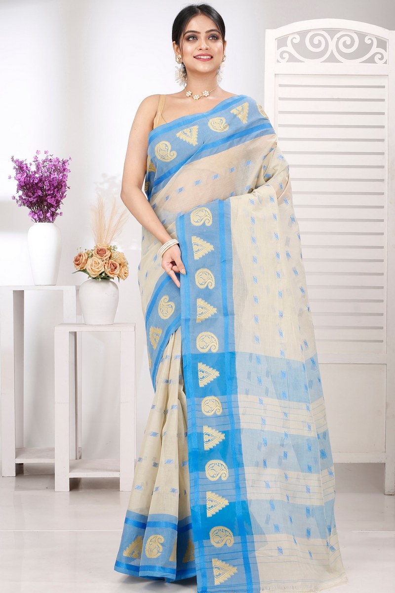 Off-White Pure Cotton Emma Border Tant Saree (1486)