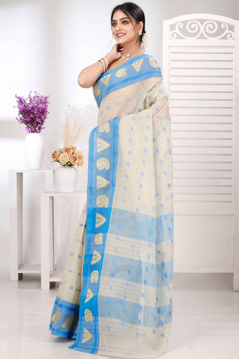 Off-White Pure Cotton Emma Border Tant Saree (1486)