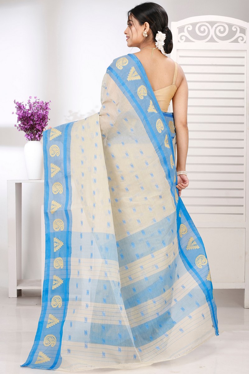 Off-White Pure Cotton Emma Border Tant Saree (1486)