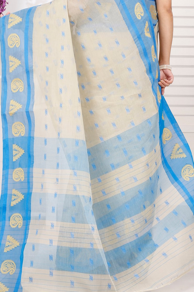 Off-White Pure Cotton Emma Border Tant Saree (1486)