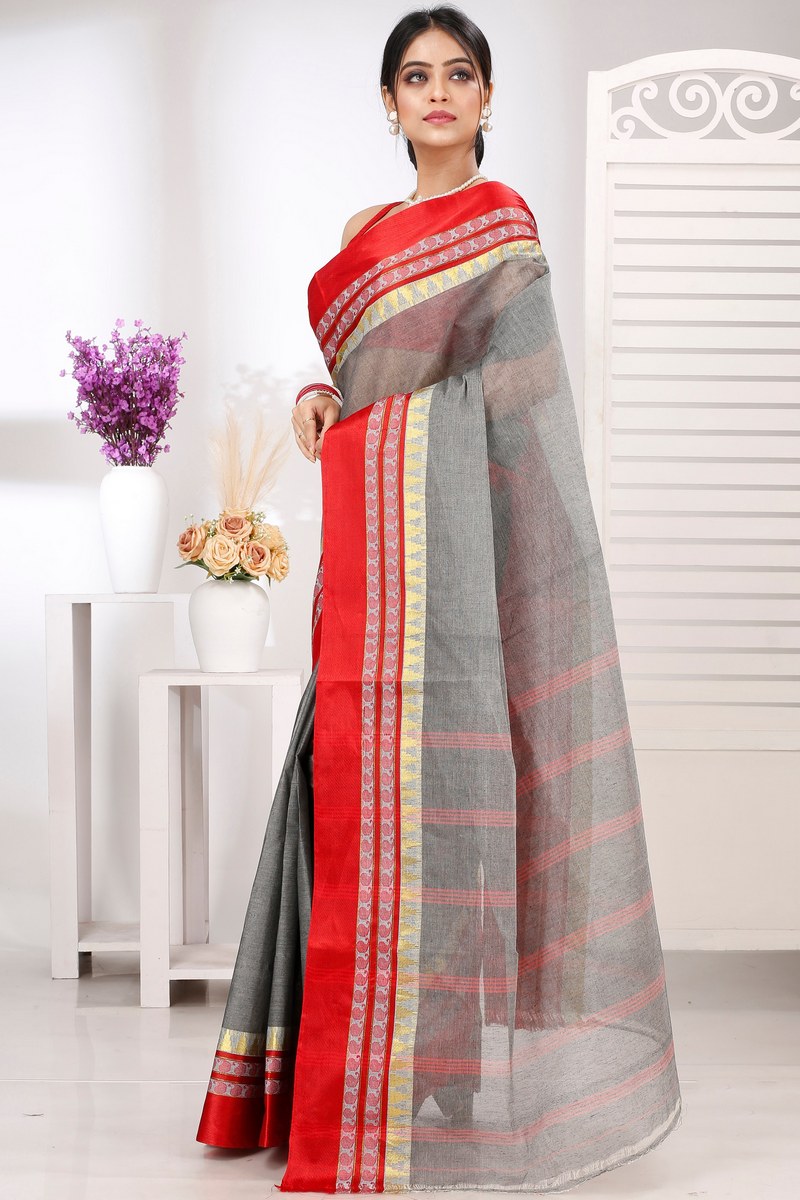 Grey Pure Cotton Ethan Tant Saree (1487)