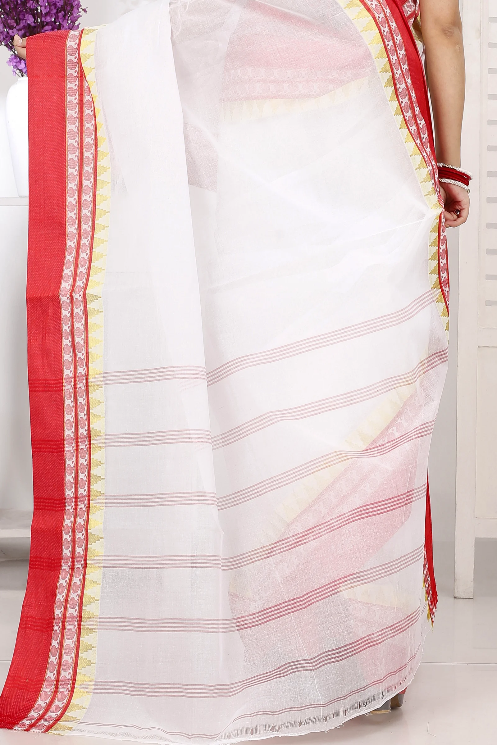 White Red Pure Cotton Ethan Tant Saree (1488)