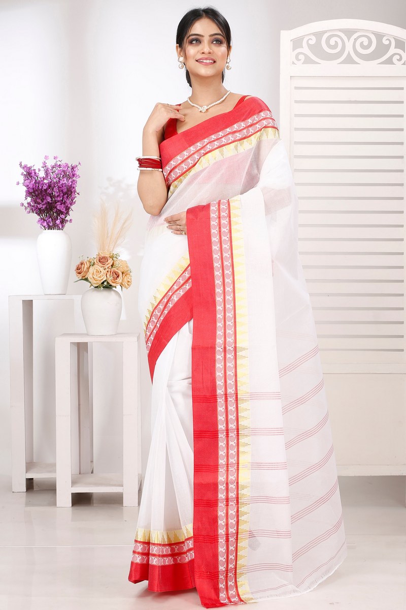 White Red Pure Cotton Ethan Tant Saree (1488)