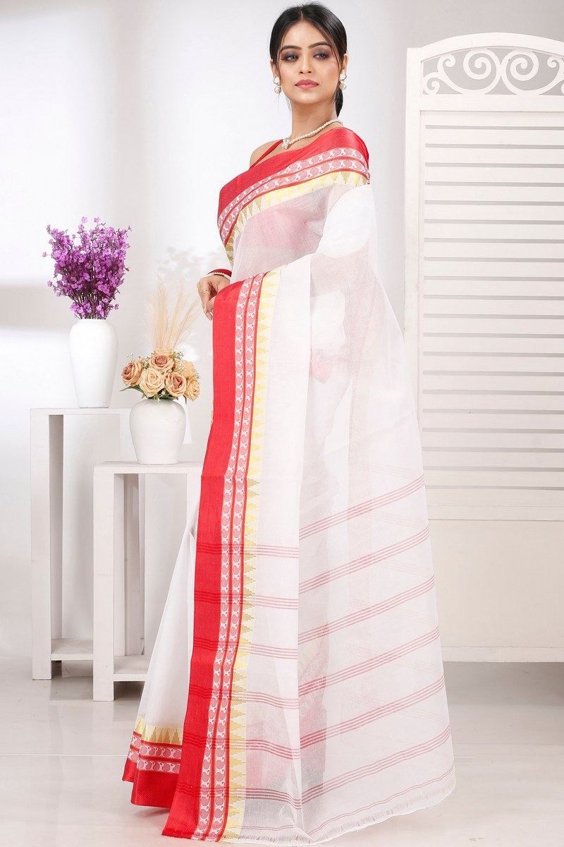 White Red Pure Cotton Ethan Tant Saree (1488)