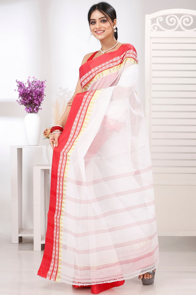White Red Pure Cotton Ethan Tant Saree (1488)