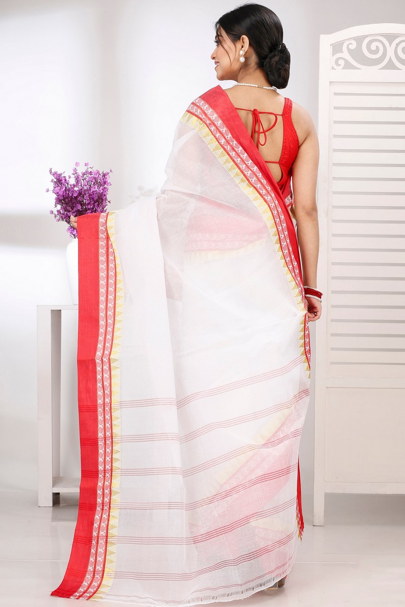 White Red Pure Cotton Ethan Tant Saree (1488)
