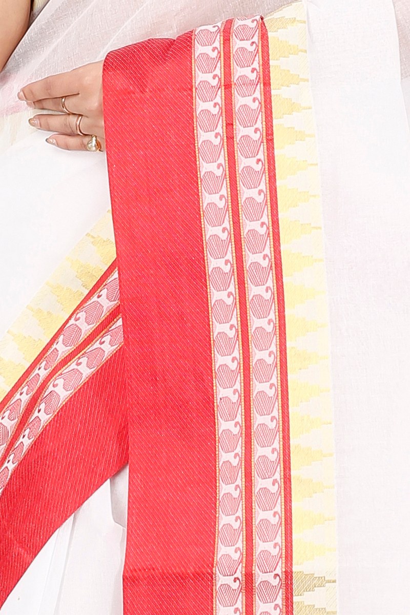 White Red Pure Cotton Ethan Tant Saree (1488)