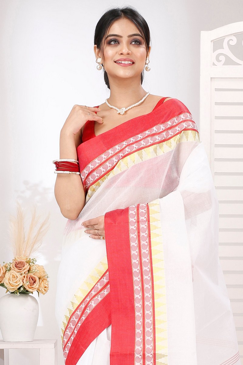 White Red Pure Cotton Ethan Tant Saree (1488)