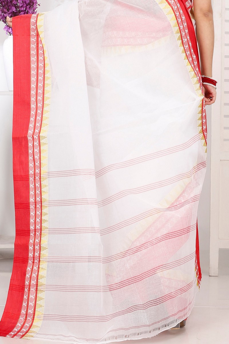 White Red Pure Cotton Ethan Tant Saree (1488)