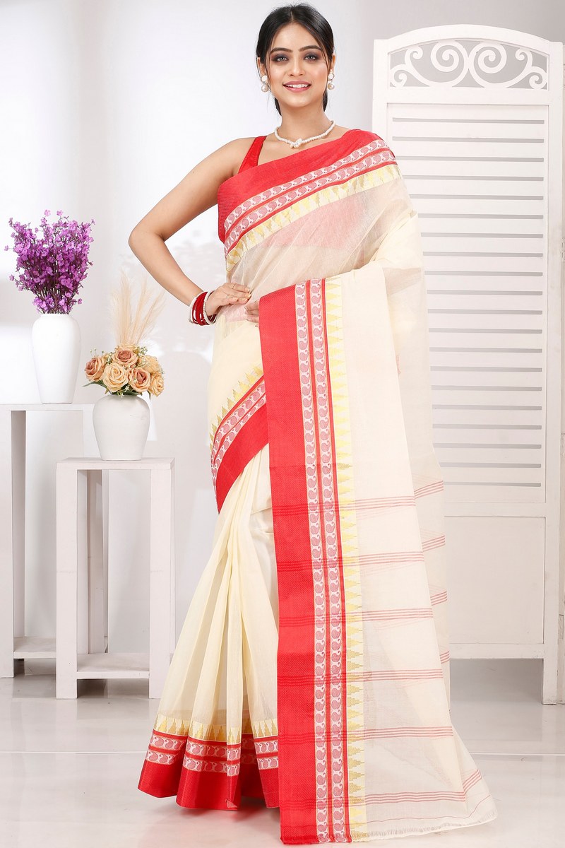 Cream Red Pure Cotton Ethan Tant Saree (1489)
