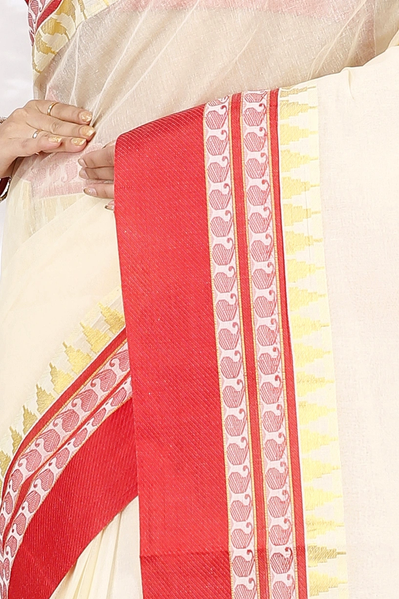 Cream Red Pure Cotton Ethan Tant Saree (1489)