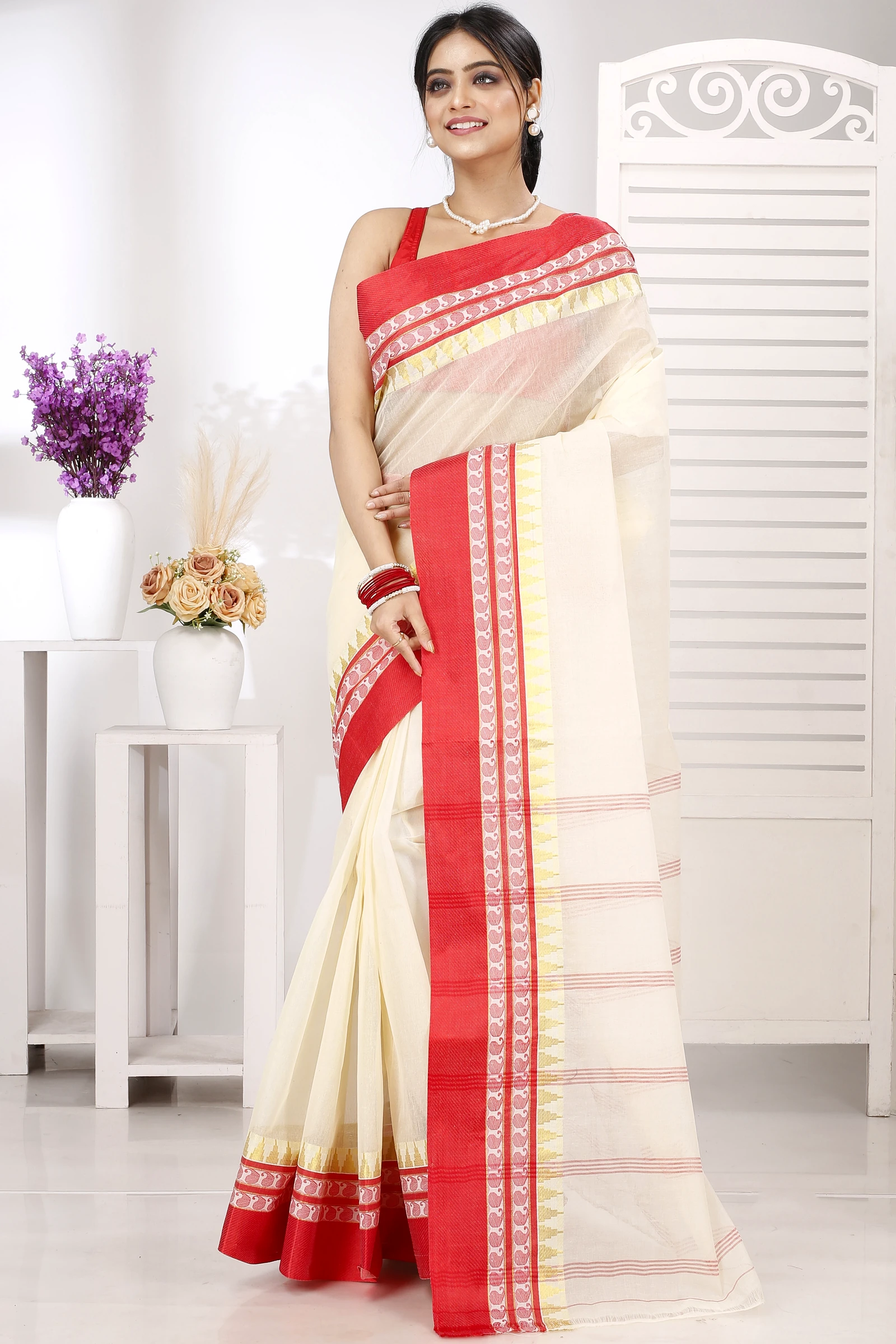 Cream Red Pure Cotton Ethan Tant Saree (1489)