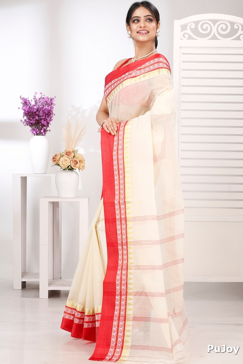 Cream Red Pure Cotton Ethan Tant Saree (1489)